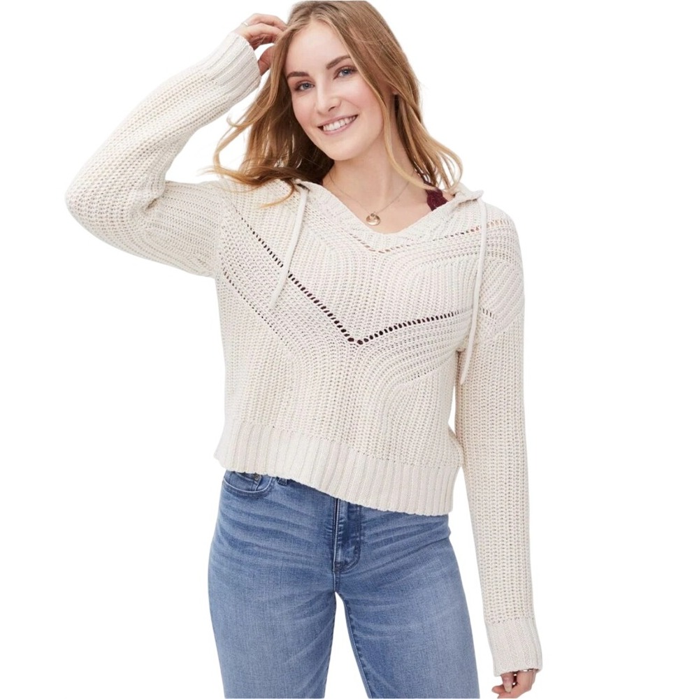 Aeropostale AERO Cream Shaker Knit Hooded Sweater Eyelet Chevron XS